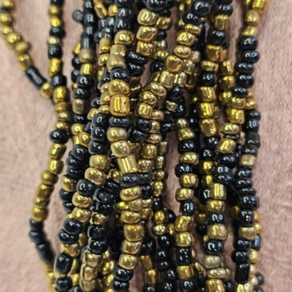 Necklace Multi Strand Seeded Beaded Pattern Golden Black Color Beads - Picture 3 of 7